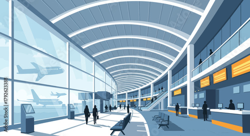 Modern airport terminal interior with passengers, check-in counters, and airplanes visible through large windows.