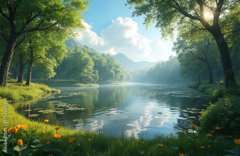 Obraz premium Calm lake reflects green trees and blue sky with clouds. Yellow flowers grow on grassy shore near water with lily pads. Mountainous background fades into mist.