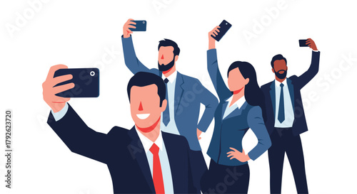 Diverse business professionals joyfully capture a team selfie celebrating success and collaboration in a modern setting