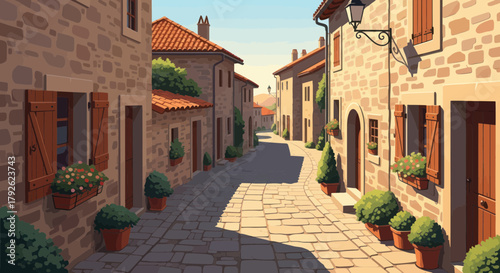 A charming, sunlit cobblestone street winding through an old European village with stone buildings and potted plants.