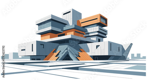 Modern abstract architectural building design with geometric shapes and contrasting colors.