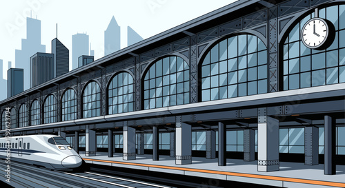 A modern high-speed bullet train at a grand station platform with a city skyline in the background.