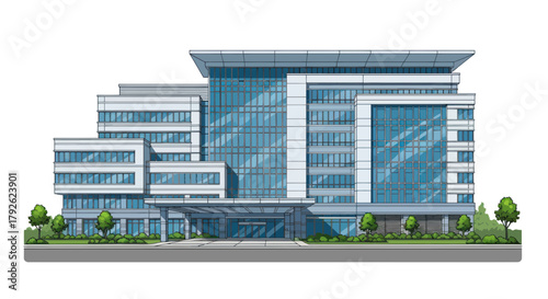 A modern, multi-story building with a glass facade and a covered entrance, surrounded by green landscaping and a road.