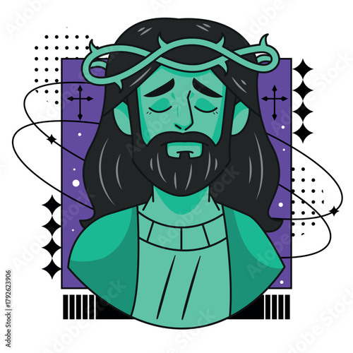 Jesus with crown of thorns and dove on modern graphic background