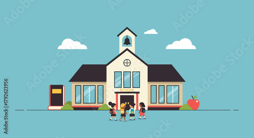 A vibrant cartoon illustration depicting a school building with children, books, and an apple, symbolizing education and learning.