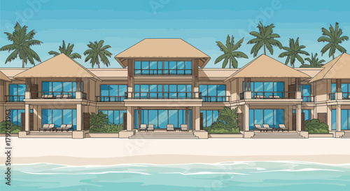 Luxurious tropical beach resort with multiple villas, palm trees, and clear blue ocean under a sunny sky.