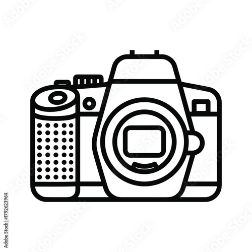 Modern dslr camera, front view, line art icon