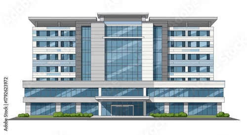 A modern, multi-story building with a glass facade and a prominent entrance, set against a white background.