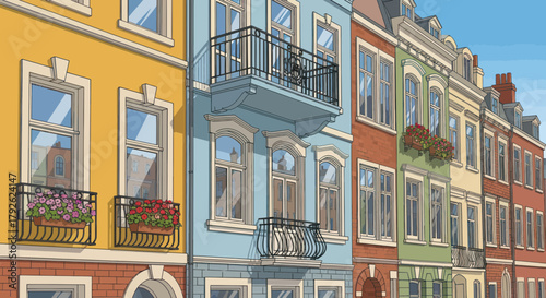 A row of colorful European-style townhouses with balconies and flower boxes under a clear sky.