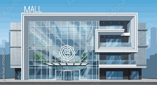 Modern shopping mall building with a large glass facade and contemporary architecture in a city setting under a clear sky.