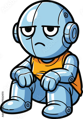 Sad Robot Character Sitting Down Wearing Orange Shirt Blue Metallic Body