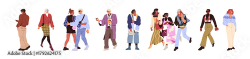 Set of stylish people. Couple and groups of friends in fashion clothes are walking in the city together. Men and women in trendy wearing stroll. Flat isolated vector illustrations on white background.