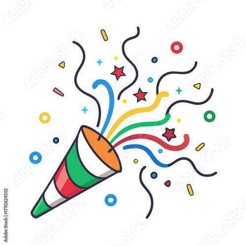 A festive party popper bursts with vibrant streamers, confetti, and stars against a clean white background.
