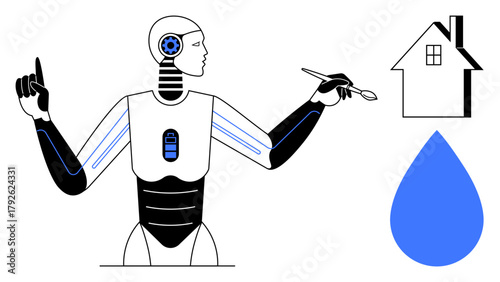 AI robot designing eco-friendly solutions using tools, integrating sustainable housing and water conservation. Ideal for technology, AI, innovation, sustainability, eco-design, smart homes, future