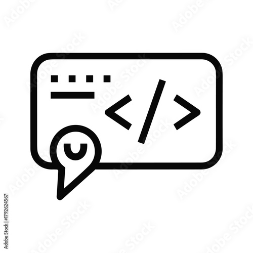 Speech bubble with code symbol and location pin icon