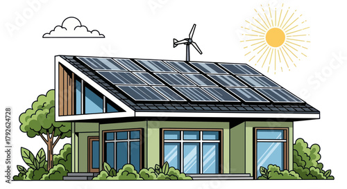 A modern, eco-friendly house with solar panels and a wind turbine, surrounded by green plants under a sunny sky.