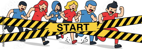 Diverse group of cartoon people running at start line with yellow and black caution tape