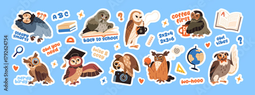 Sticker pack of cute owls with school education theme. Funny wise birds with comic phrases. Adorable owlets with books, coffee, graduate cap and magnifier. Flat isolated vector illustrations.