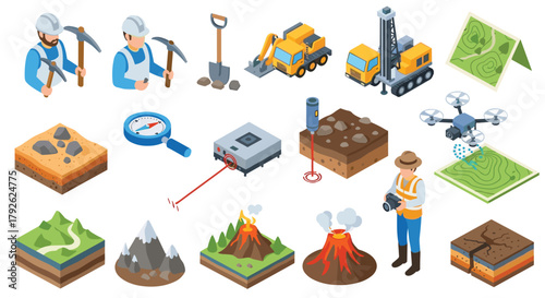 Geological exploration tools and earth science concepts including miners, excavators, drones, volcanoes, and geological layers