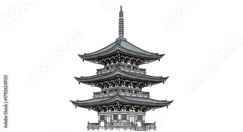 A traditional Japanese five-story pagoda with intricate architectural details and curved roofs, standing against a white background.