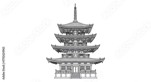A detailed black and white architectural illustration of a traditional multi-story Japanese pagoda on a white background.