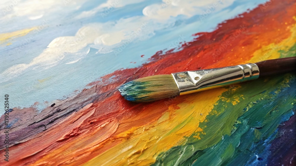 Fototapeta premium Vibrant paint smudge created with a palette knife on a colorful canvas during a sunny afternoon