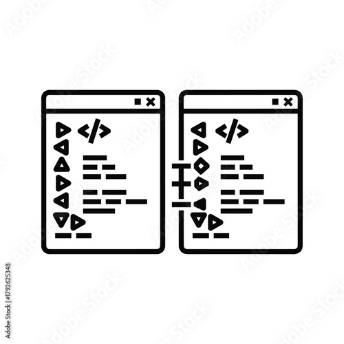 Two windows with code snippets and programming symbols on