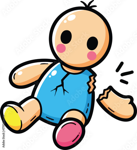 Broken Doll With Missing Arm And Cracked Body In Blue Outfit And Yellow And Pink Shoes