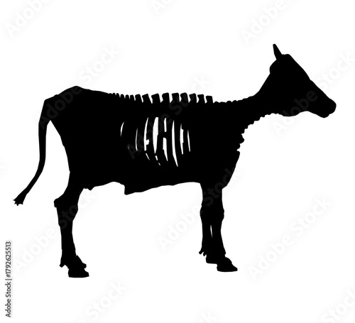 Zombie cow skeleton silhouette in black and white, terrifying undead creature with exposed ribs and horns. This macabre bovine illustration creates a chilling horror aesthetic. Side view