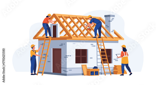 Dedicated construction crew building a new home's wooden roof structure, showcasing teamwork and progress