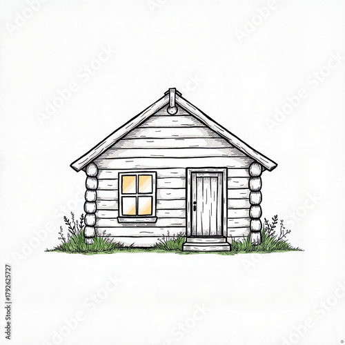 Rustic wooden cabin illustration with garden elements, home aesthetics