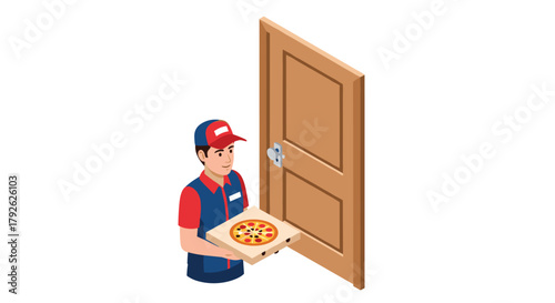 Friendly delivery person brings hot pizza to your door, representing fast, convenient food service and customer satisfaction