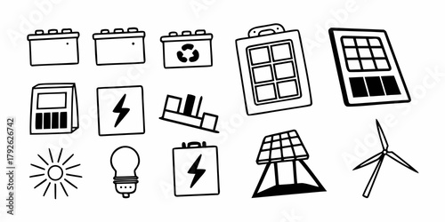 Illustration of various renewable energy sources including solar panels batteries and a wind turbine design on transparent background