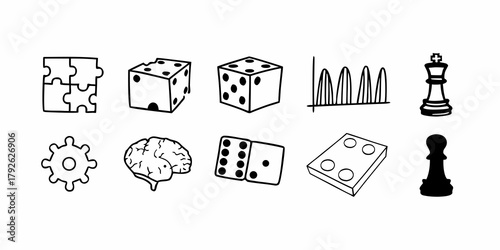 A collection of line art drawings featuring a puzzle, dice, graph, chess pieces, brain, and dominoes set up on transparent background