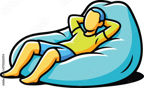 Man Relaxing On A Light Blue Bean Bag Chair Wearing A Yellow Shirt And Blue Shorts Outdoors