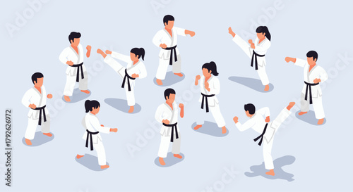 Dynamic martial artists in crisp white gi practice powerful karate kicks and punches in a clean, modern isometric scene