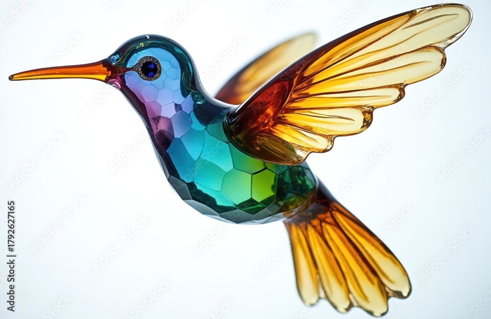 Fototapeta premium Colorful glass hummingbird sculpture on light backdrop. Bird features rainbow gradient body, amber wings. Decorative figurine translucent, reflects light. Vibrant ornamental object adds elegance.