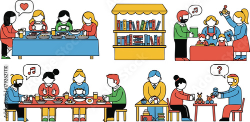 Diverse People Enjoying Community Gatherings And Activities Featuring Food Book Stall And Crafts Fair