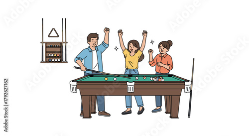 Excited friends celebrating a winning shot at the pool table, pure joy and friendly competition in a casual game night