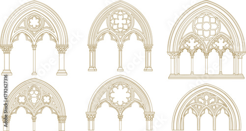 Gothic window arches collection, medieval architecture illustration, ornate tracery pattern, church design element, decorative vector art, pointed arch window designs