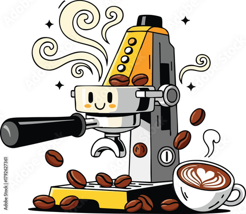 Cute Espresso Machine with Happy Face Steaming Coffee Beans and Latte Art Cup in Studio