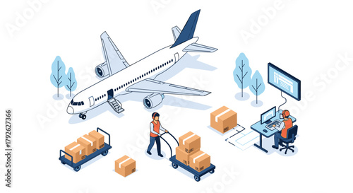 Efficient logistics operations showing cargo plane, delivery workers, and shipment tracking with modern technology