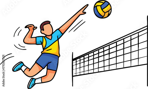 Athletic Man In Mid Air Serving A Volleyball Over The Net During A Game
