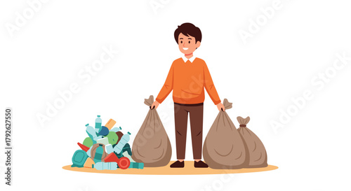 Smiling man holding full trash bags next to pile of plastic waste, promoting recycling and clean environment efforts