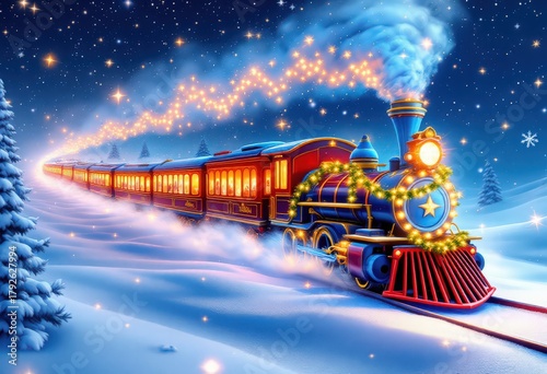 A festive steam train decorated with glowing Christmas lights moves through a snowy winter landscape under a starry night sky