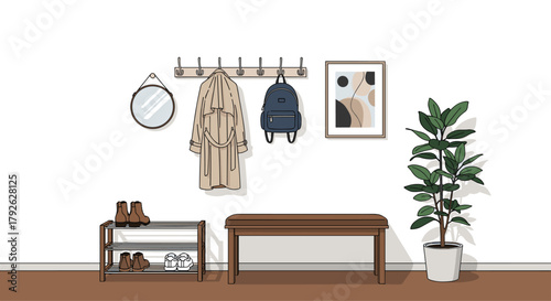 Organized entryway with coat rack, shoe rack, bench, mirror, artwork, and plant creates a welcoming, modern home atmosphere