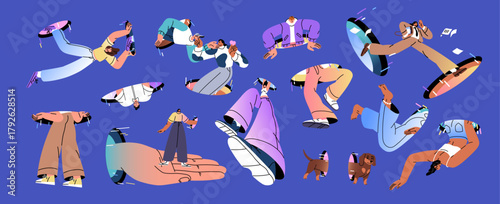 Set of people falling and flying through magic holes. Characters are jumping inside and outside  teleports. Men and women find out portals and coming, peeking out. Flat isolated vector illustrations.