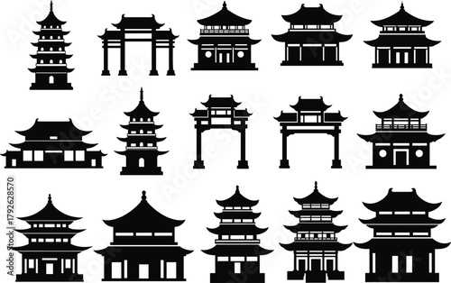 Chinese architecture, temple silhouette, pagoda icons, traditional buildings, cultural heritage, black vector, roof design, historic style, ceremonial gate, Asia