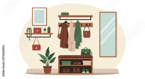 Organized entryway with hanging coats, stylish bags, shoes neatly stored, and a tall mirror creating a welcoming, clutter-free home space