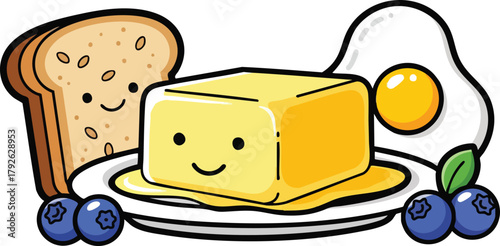 Cute Breakfast Plate With Toast Butter Egg and Blueberries And Smiling Faces